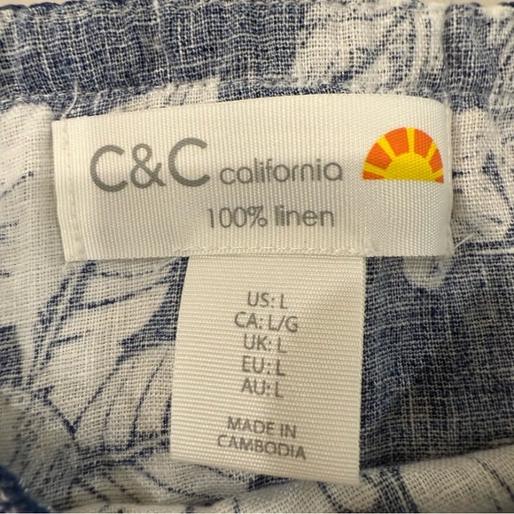 C&C California Floral Puff Sleeve 100% Linen Blouse Womens Large Blue/White Boho - Picture 5 of 7